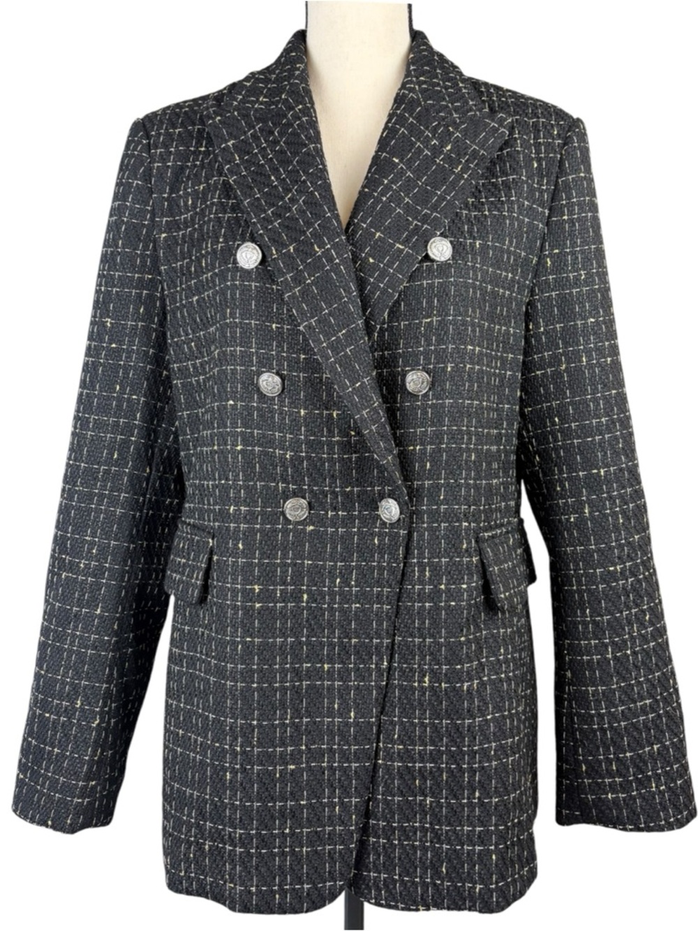 Mina Self Tweed Blazer XL Black Gold Fleck Double Breasted Chic Career Jacket
